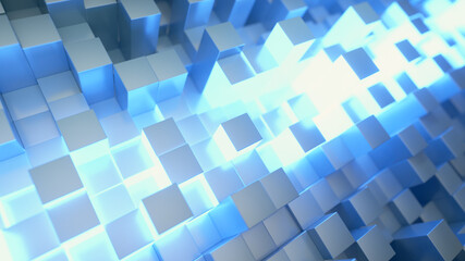 Abstract technology background for business presentations. Randomly moving cubes. Bright neon glow in the middle. 3d illustration