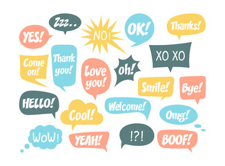 Vector set of speech bubbles and dialog balloons in cartoon comic style. Collection isolated on white background with text. Illustration of cloud bubble blank retro speech for communication, sticker