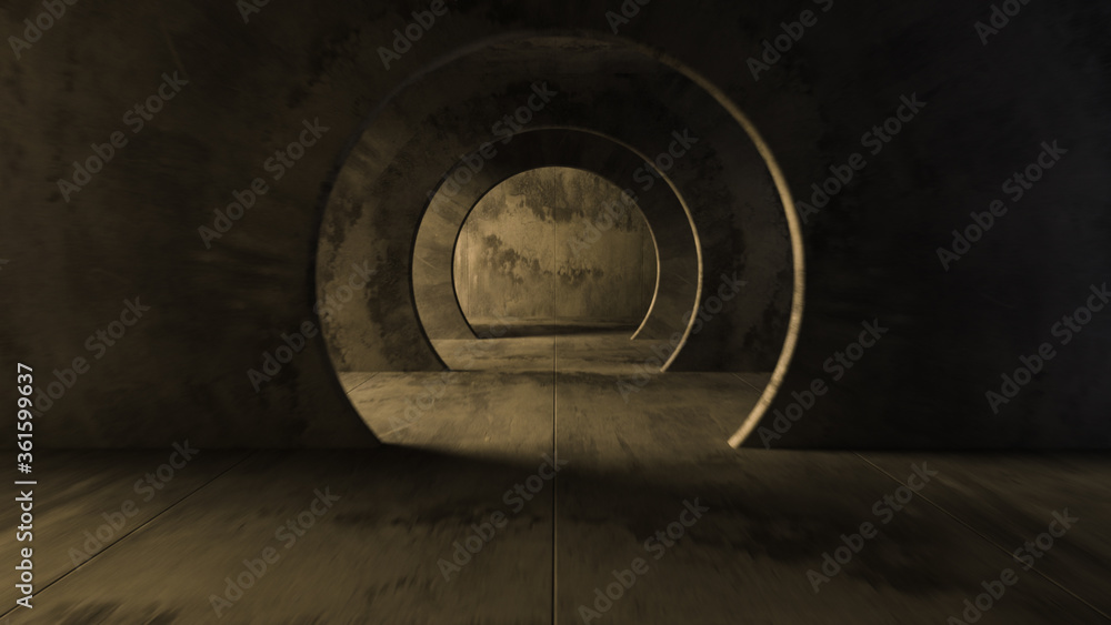 Poster endless flight in a gray concrete tunnel. the movement of the camera in a circle. solar swap makes i
