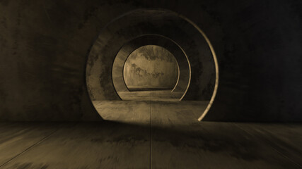 Endless flight in a gray concrete tunnel. The movement of the camera in a circle. Solar swap makes its way from different sides. 3d illustration