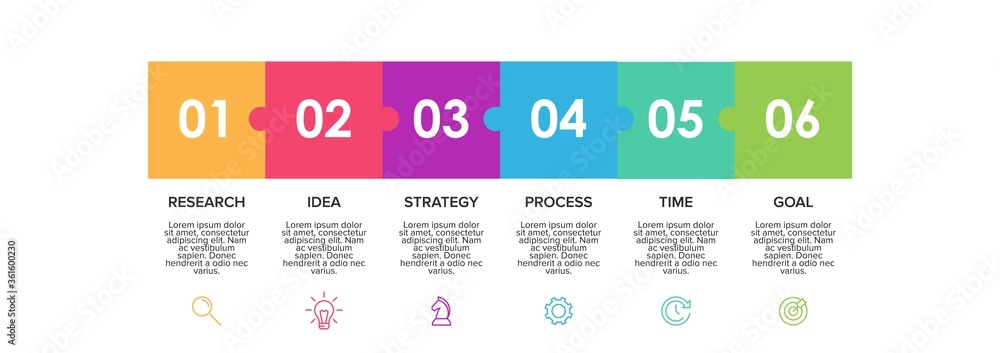Poster concept of arrow business model with 6 successive isometric steps. six colorful graphic elements. ti