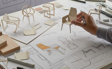 Designer sketching drawing design development product plan draft chair armchair Wingback Interior...
