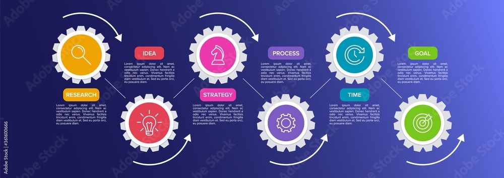 Poster concept of arrow business model with 6 successive isometric steps. six colorful graphic elements. ti