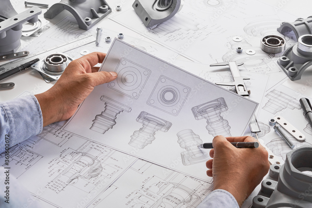 Poster engineer technician designing drawings mechanical parts engineering engine.manufacturing factory ind