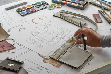 Designer stylish sketch Drawn design template pattern made leather clutch bag handbag purse Woman...