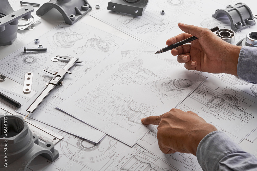 Poster engineer technician designing drawings mechanical parts engineering engine.manufacturing factory ind