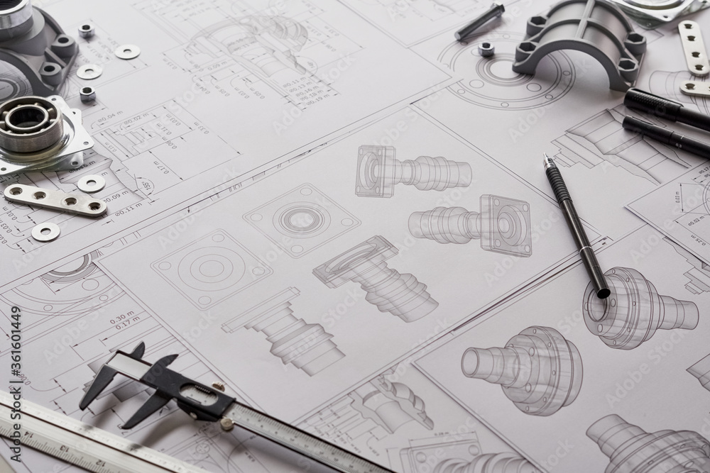 Poster engineer technician designing drawings mechanical parts engineering engine.manufacturing factory ind