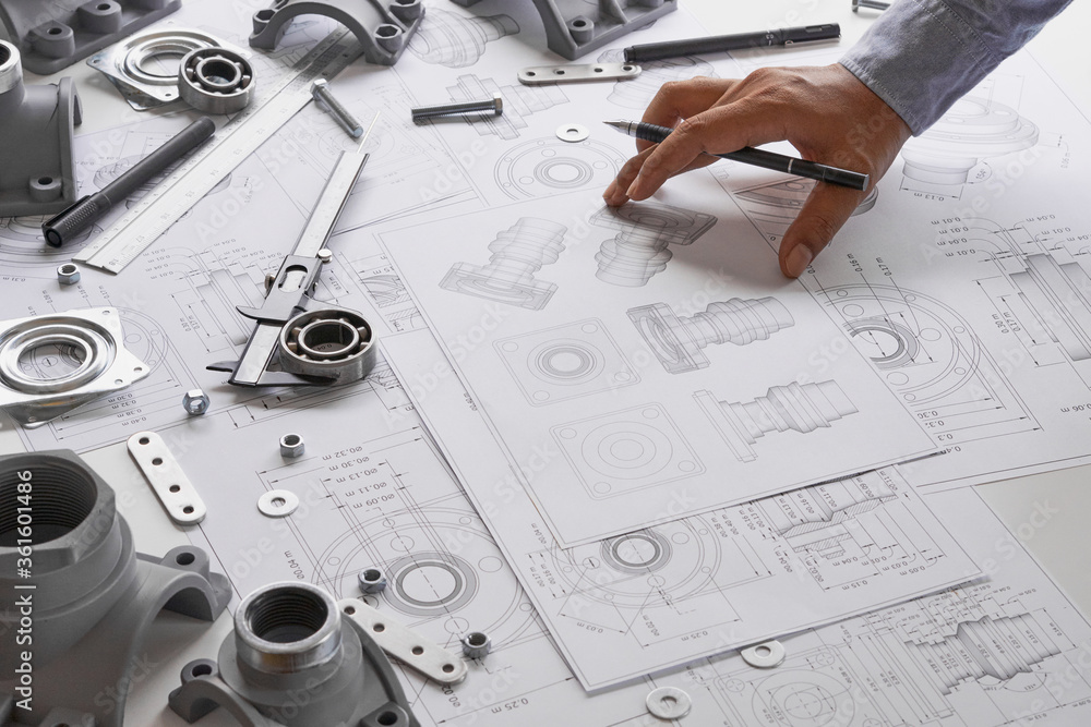 Poster engineer technician designing drawings mechanical parts engineering engine.manufacturing factory ind