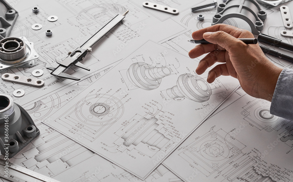 Poster engineer technician designing drawings mechanical parts engineering engine.manufacturing factory ind