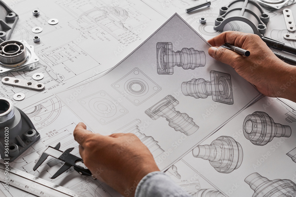 Poster engineer technician designing drawings mechanical parts engineering engine.manufacturing factory ind