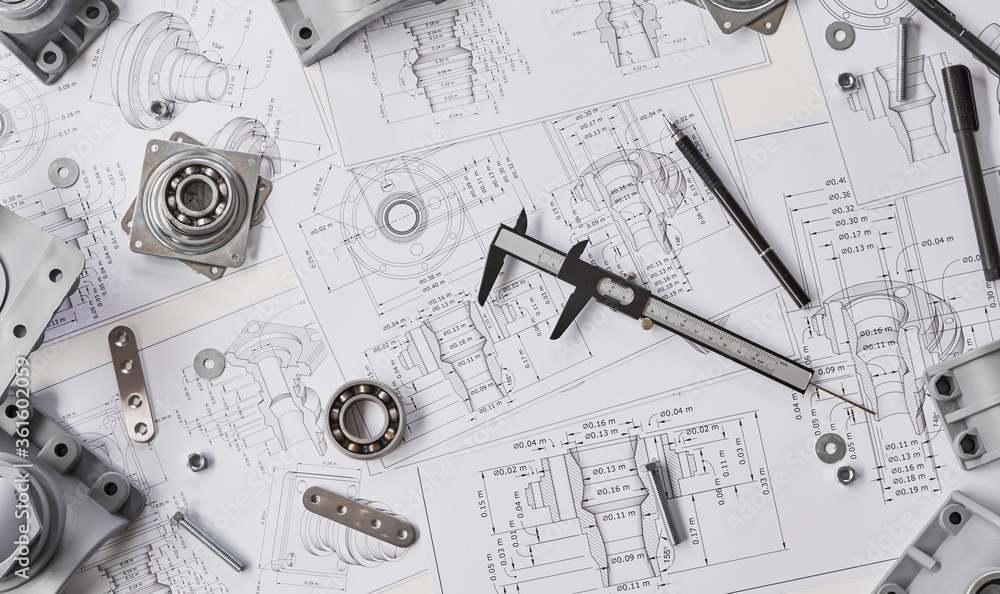 Poster engineer technician designing drawings mechanical parts engineering engine.manufacturing factory ind
