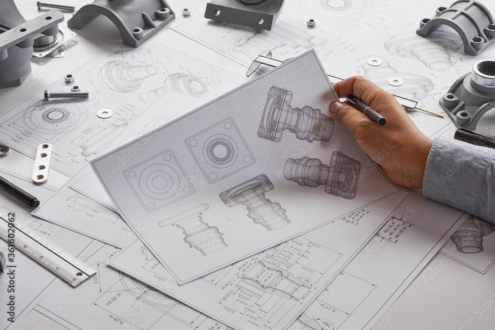 Poster engineer technician designing drawings mechanical parts engineering engine.manufacturing factory ind