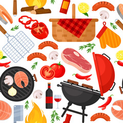 Vector seamless pattern of barbecue, BBQ party, grill, picnic. Grilled vegetables, meat, steak and sausage in flat cartoon style. Collection of barbecue tools for cafe, bar and restaurant menu.