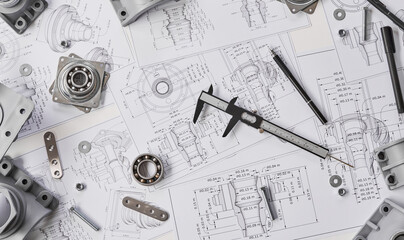 Engineer technician designing drawings mechanical parts engineering Engine.manufacturing factory...