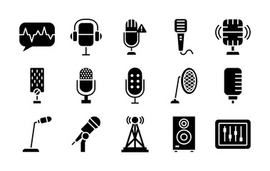speaker and retro microphone icon set, silhouette style