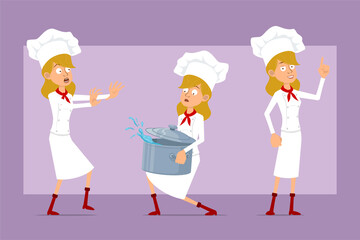 Cartoon flat chef cook woman character in white uniform and baker hat. Ready for animation. Girl carrying metal stew pot with water and showing stop sign. Isolated on violet background. Vector set.
