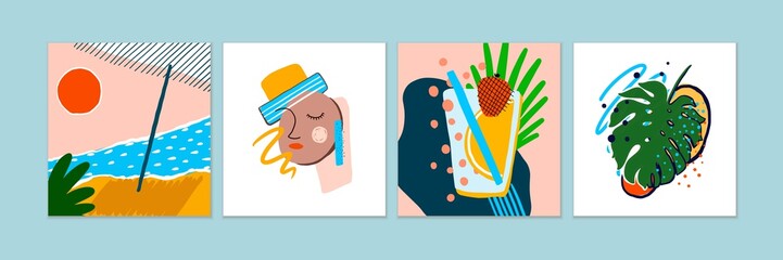 Set of summer abstract backgrounds: beach, woman face in hat, cocktail, exotic leaves. Hand drawn colorful doodle shapes, art compositions. Contemporary modern trendy style. Vector.