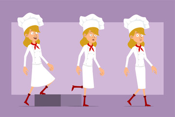 Cartoon flat funny chef cook woman character in white uniform and baker hat. Ready for animation. Successful tired girl walking to her goal. Isolated on violet background. Vector set.