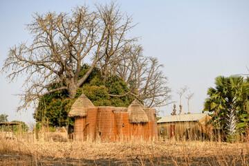 Traditional beninese tata somba house with firewood and a jump hanging from a tree.