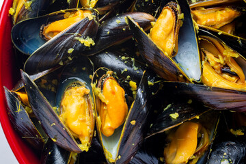 
close-up of steamed mussels