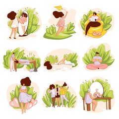 Vector set of girls, woman taking care of yourself. Spa salon, massage, reading a book alone, happyness and love yourself illustration, meditation and bathing. Self love concept