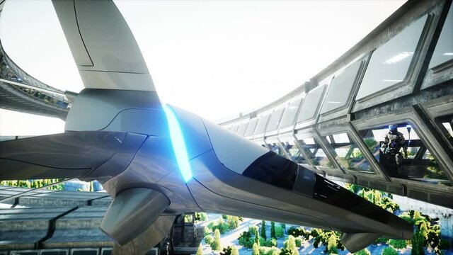 Robot in Sci fi tonnel. Concept of future. Realistic 4K animation.