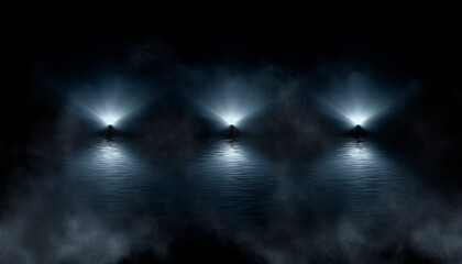 Dark dramatic background. Wet asphalt, smoke and fog. Neon light spotlight. 3d illustration