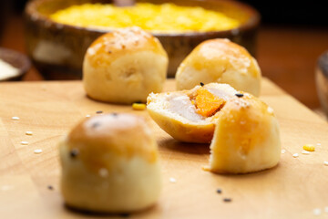 Chinese pastry filled with mung bean paste, taro, and salted egg.