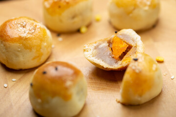 Chinese pastry filled with mung bean paste, taro, and salted egg.