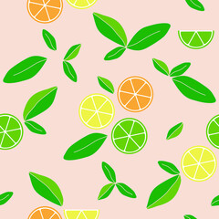Vector seamless pattern. Repeating tiles from lemon, orange, and lime slices with green leaves. Citrus fruits. Raw and vegetarian food.