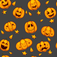 Halloween seamless vector pattern. Funny pumpkins texture. Cute cartoon design for kids, prints, textile, wrapping.