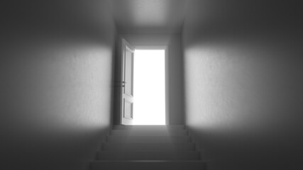 3d render door with steps in a dark corridor