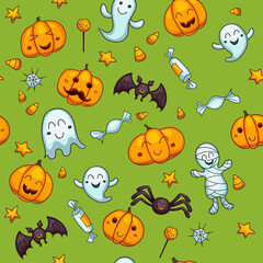 Halloween seamless vector pattern. One of big collection of design elements in traditional holiday colors. Cute cartoon design for kids, prints, textile, wrapping.