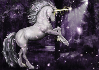 Obraz na płótnie Canvas A unicorn dancing with pixies in a purple forest.