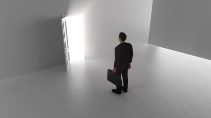 3d render A business man walks through a shine door in a bright room