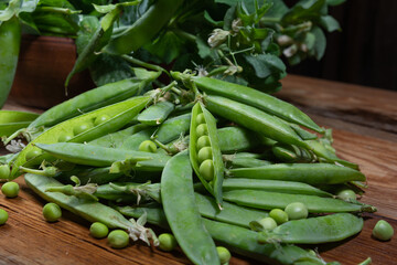 a branch of green peas with pods on a wooden table close-up, harvest from the garden