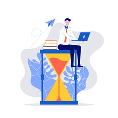 Young businessman sitting on hourglass and working with her laptop. Time management, multitasking, productivity, planning, and deadline concept. Modern vector illustration in flat style