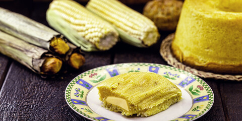 Typical sweets from the Brazilian June festival - mush, cornmeal cake, boiled corn and corn bread.