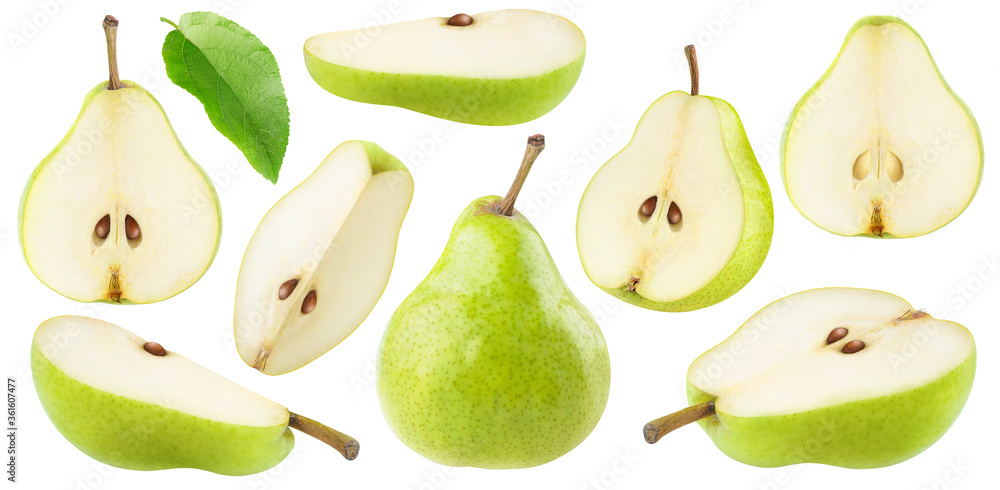 Fototapete Isolated cut green pear fruits. Collection of green pear pieces of different shapes isolated on white background
