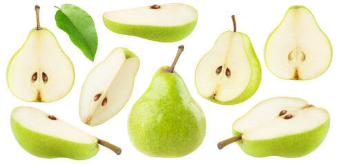 Isolated cut green pear fruits. Collection of green pear pieces of different shapes isolated on...