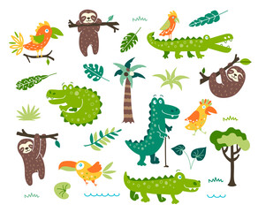 Set of rainforest flora and fauna cartoon illustrations: crocodiles in different poses, sloth hanging on trees, parrots, toucans, exotic tropical plants and palm tree 