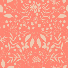 Seamless floral pattern with flowers and leaves. Modern background with hand drawn elements.