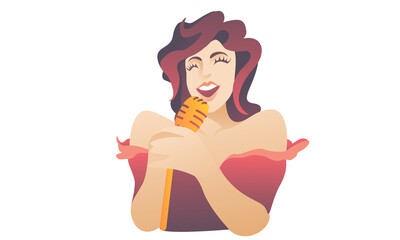 Beautiful bright girl sings in karaoke on a white background. Young jazz singer in a dress enjoys singing and music.