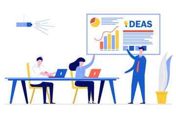 Business man presenting new project to her partners and colleagues. He is presentation using pie diagram and column charts at conference meeting room. Modern vector illustration in flat style.