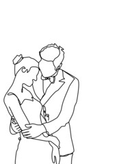 Drawing line, of newlyweds holding hands taking pre-wedding