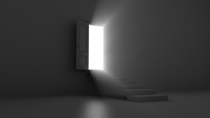 3d render shine of an open door with steps in a dark room
