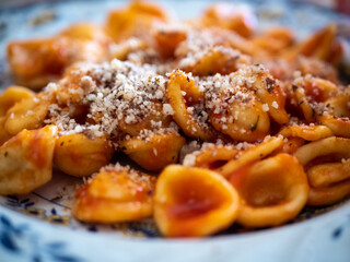 Italian pasta orecchiette. Closeup of plate of delicious orecchiette with tomato sauce