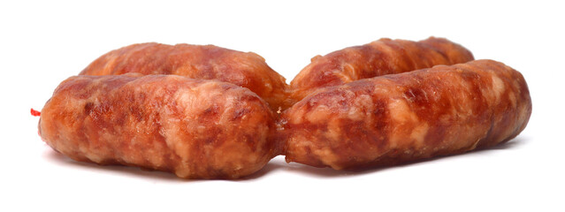 Smoked sausages on white background