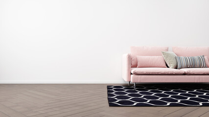 empty white mockup wall and pink scandinavian style sofa with pillows, 3D illustration, background concept