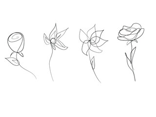  vector set of hand-drawn flowers, outline single line illustration